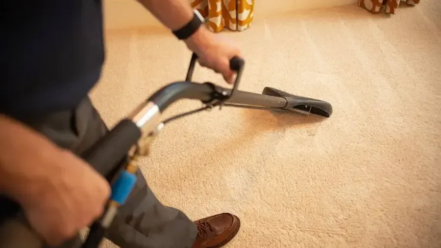 Extraction tool drawing water out of a damp beige carpet