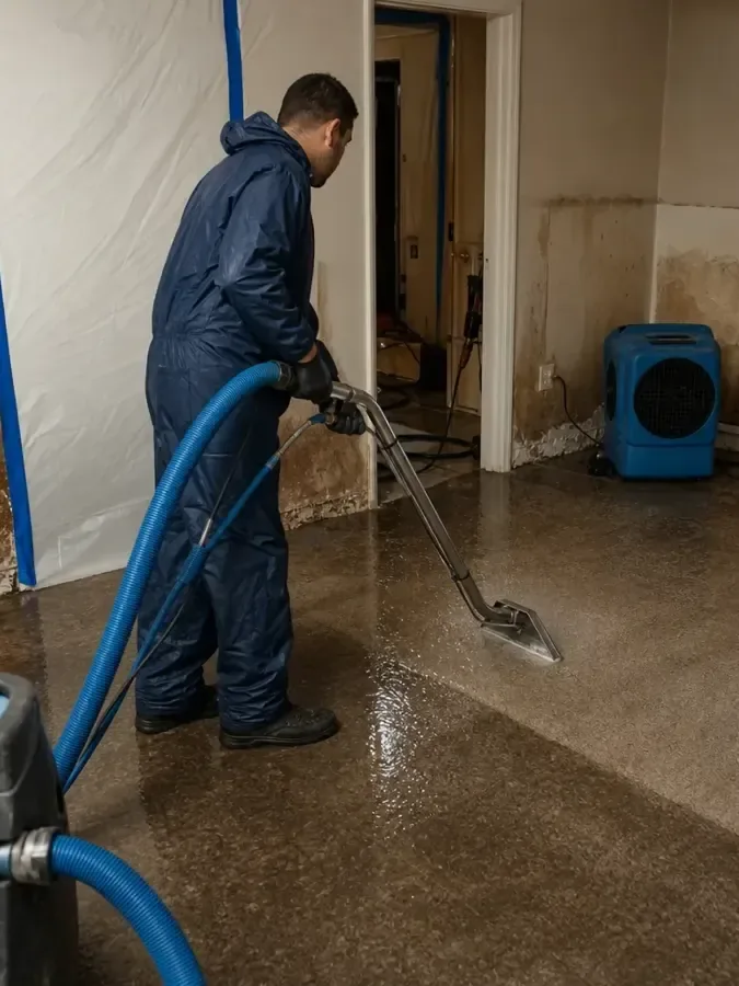Restoration technician running an extraction wand across a soaked floor inside a water damaged home before drying equipment goes down