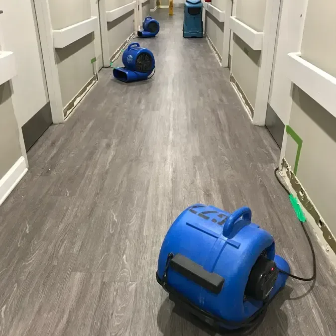 Air movers lined up drying the floor of a long commercial corridor