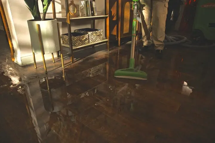 Extraction wand pulling standing water off a floor inside a home